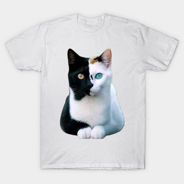 "Bicolor Harmony: Feline Elegance in Contrast" T-Shirt by Talcomunca